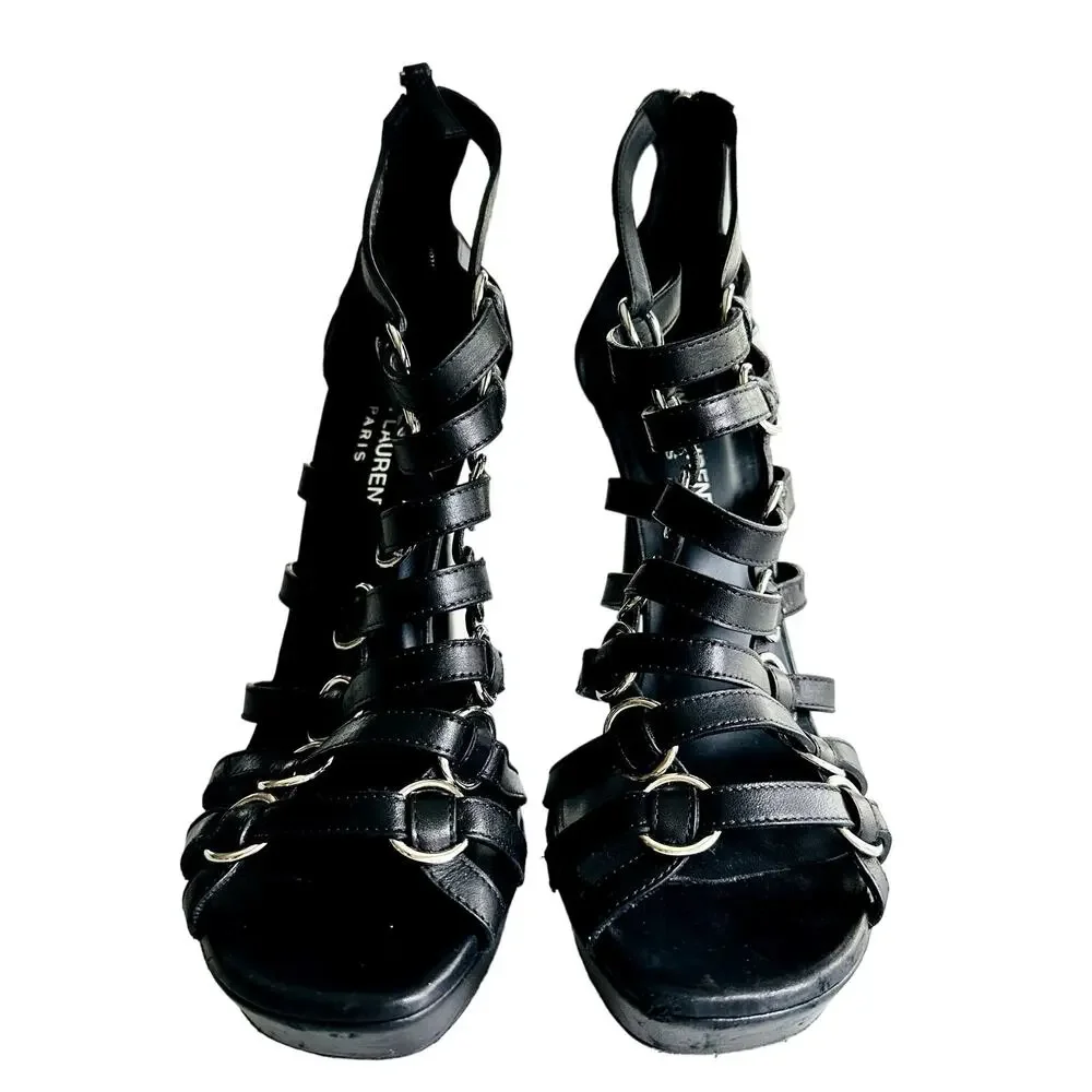 Saint Laurent Nina Cage Sandals Size 38.5 Calfskin Black w/Box Dustbag 316198 - Picture 2 of 12